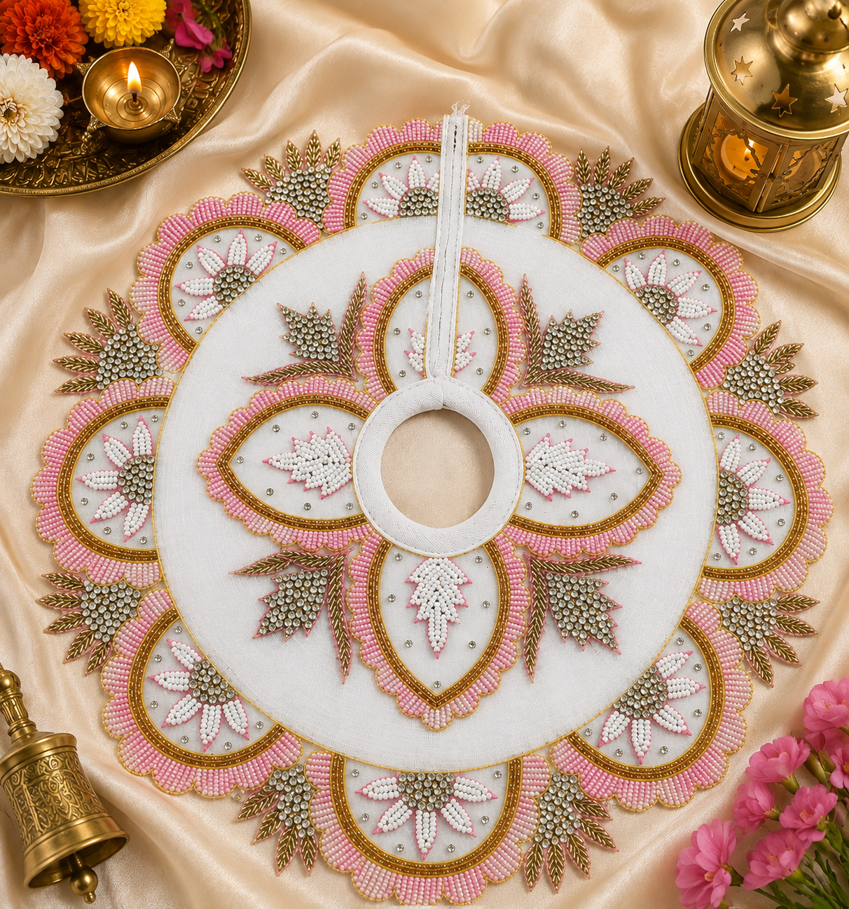 Premium white pink moti Handcrafted Big Size Laddu Gopal Ji Poshak – Designer Embroidered Dress  14 inch