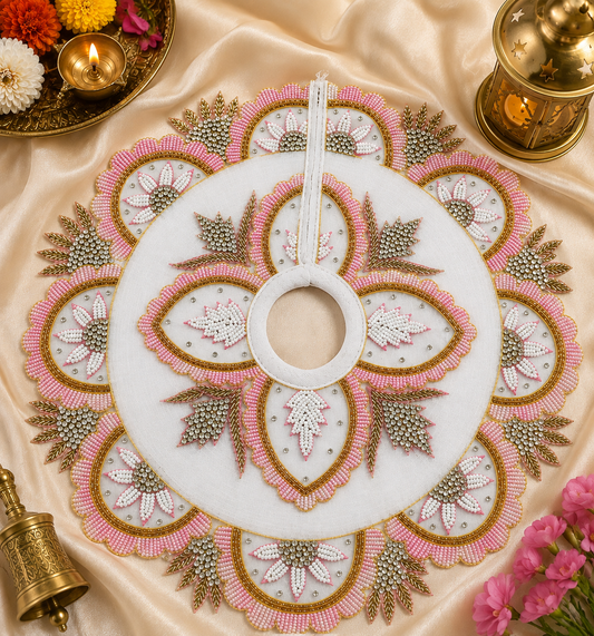 Premium white pink moti Handcrafted Big Size Laddu Gopal Ji Poshak – Designer Embroidered Dress  14 inch