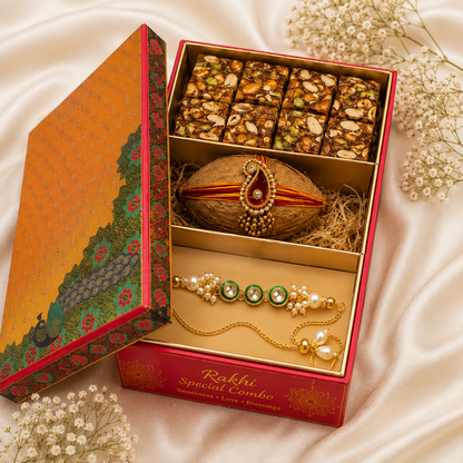 Tyoharmart Premium Rakshabandhan Special Rakhi Combo Gift Box with designer Nariyal & Roli chawal Platter/ Customized Available