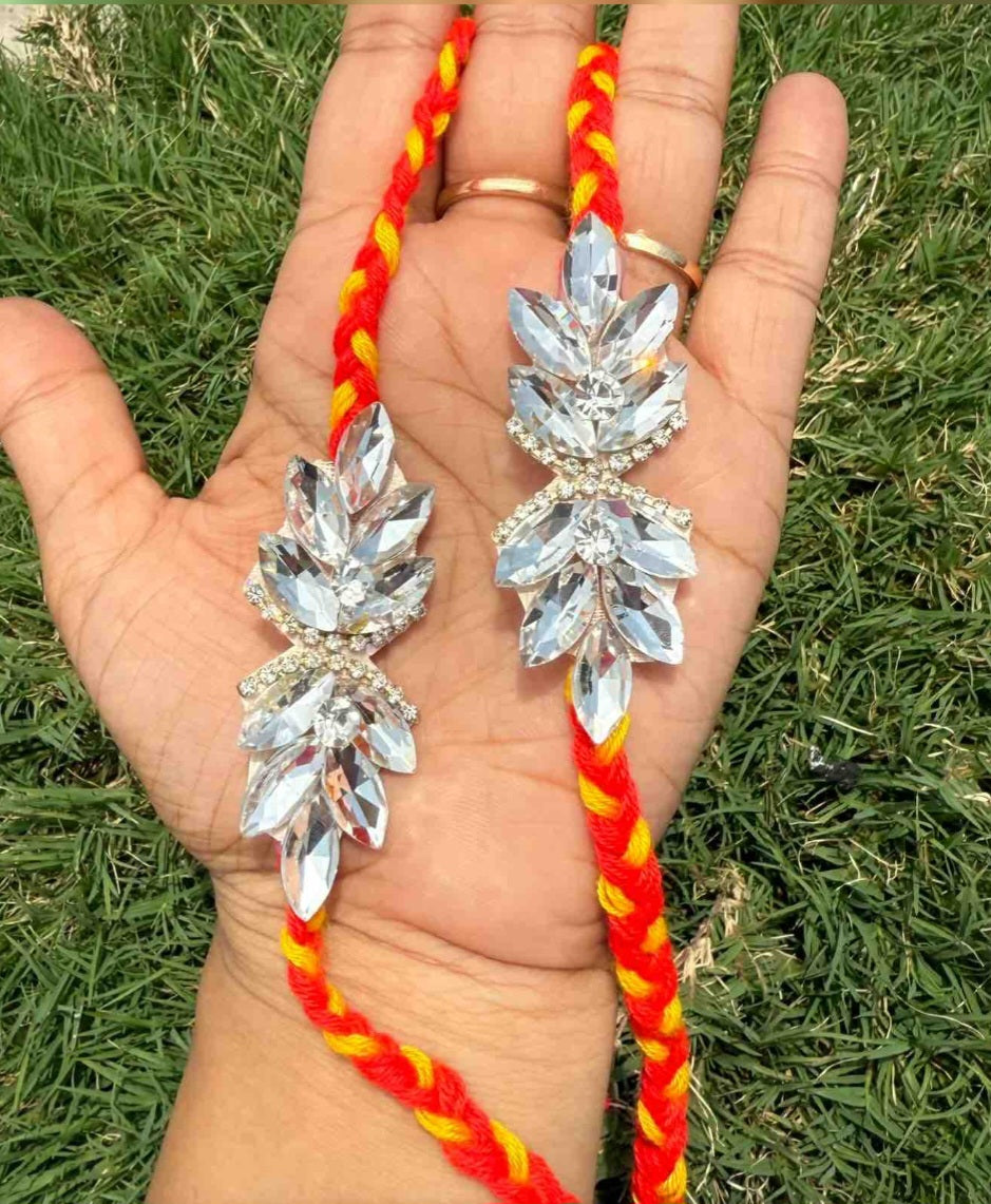 Elegant diamond stone work moli kalawa rakhi pack of 1