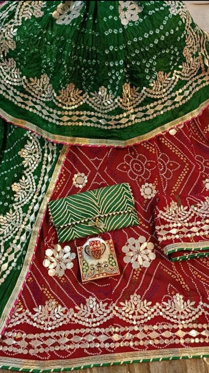 Chunari Print Lehenga Set with Dupatta & Free Purse – Moss Fabric Bandhej Lehenga with Gotta Patti Work
