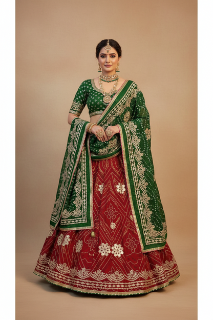 Chunari Print Lehenga Set with Dupatta & Free Purse – Moss Fabric Bandhej Lehenga with Gotta Patti Work
