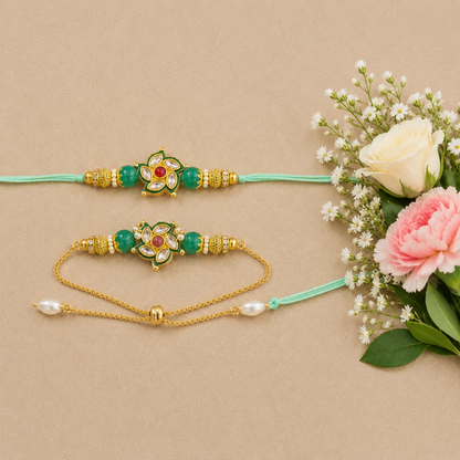 Kundan work Bhaiya and Bhabhi Rakhi   colour:red / green