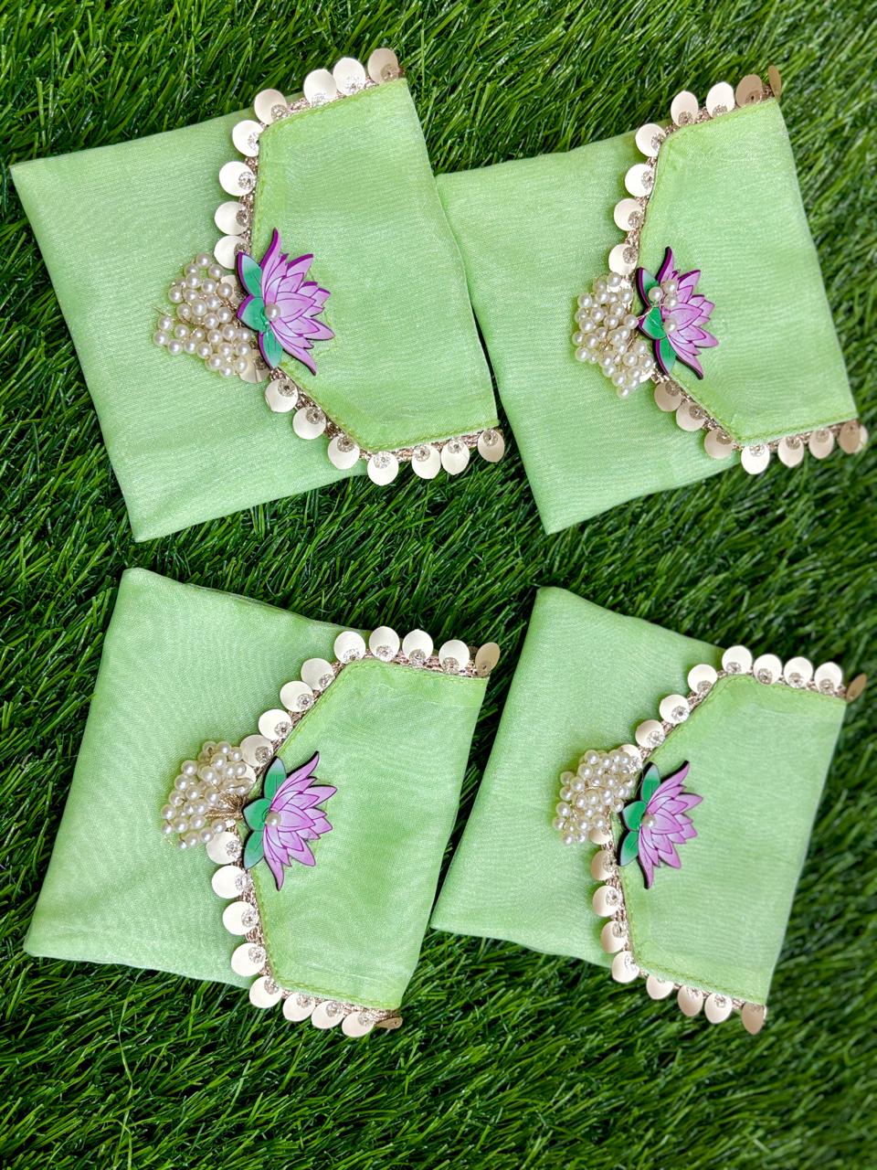 Lotus Embellished Organza Coin Pouch with Moti Latkan (Pack of 20) | Designer Shagun Bags