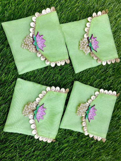 Lotus Embellished Organza Coin Pouch with Moti Latkan (Pack of 20) | Designer Shagun Bags