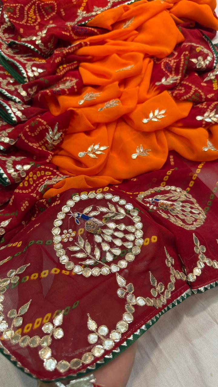 Pure Georgette Peacock Pallu Saree with Gota Patti Work – Chanderi Pilla Traditional Saree