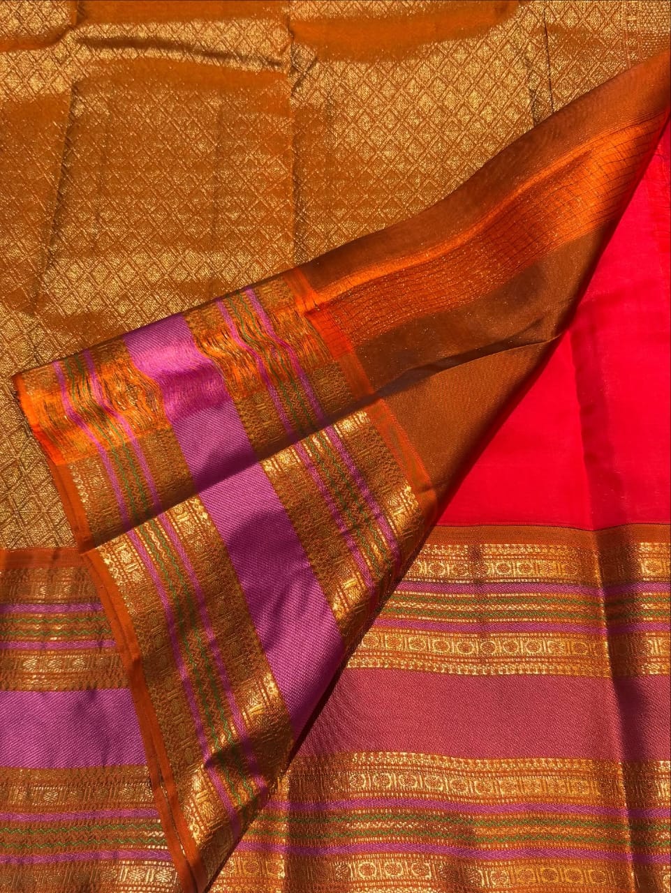 Red Kanchipuram Pure Silk Saree with Purple & Golden Border – Silk Mark Certified