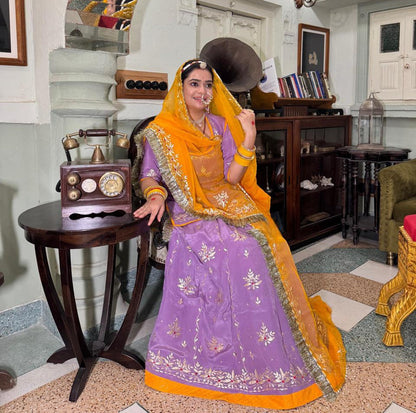 Elegant Partywear Rajasthani Poshak – Natural Crepe with Aari, Resham, Gota Patti & Kundan Work