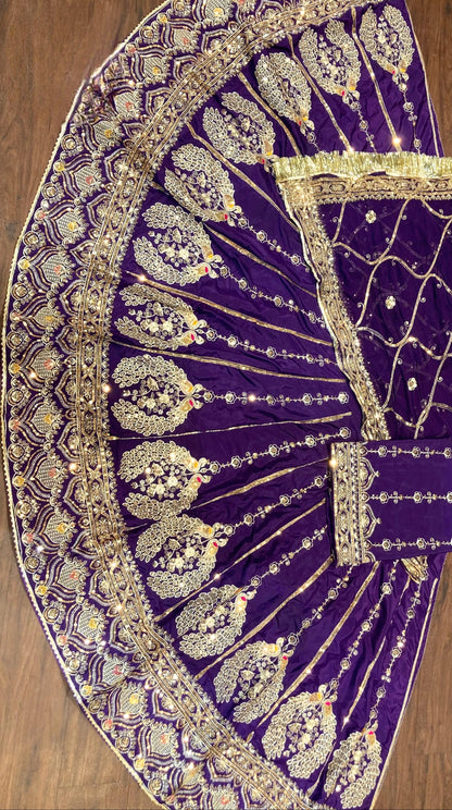Designer 3.5 Mtr Gher Rajasthani Poshak in Crepe Silk | Heavy Zari, Kasab & Sequence Work | Unstitched Lehenga Kurti Odhani Set