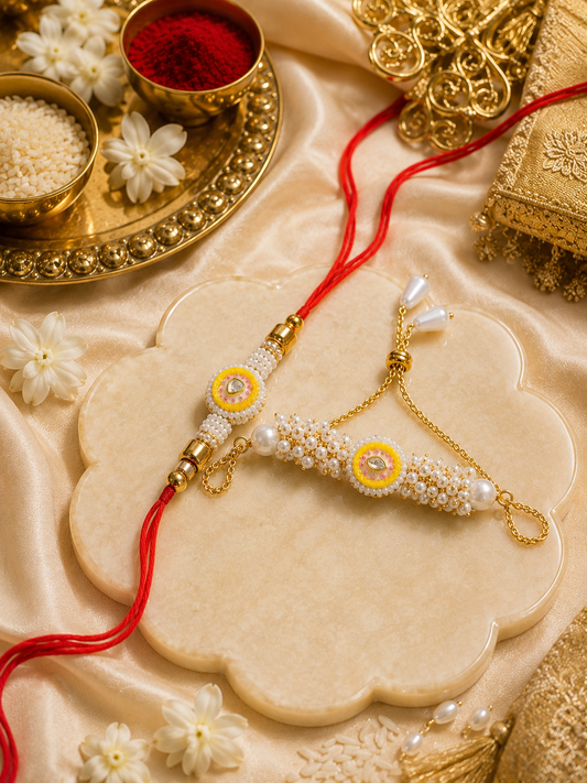 Premium Emerald Pearl Kundan Bhaiya Bhabhi Bracelet Rakhi Set with Roli Chawal & Best Wishes Card (Pack of 2)