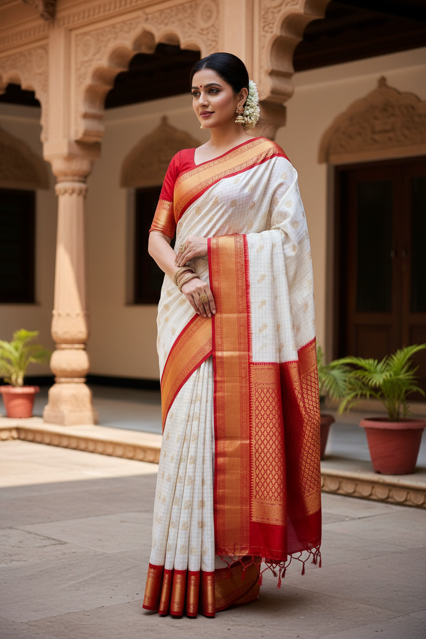 Pure Kanjivaram Silk Saree with Fancy Gap Border – Kanjipuram Silk Mark Certified