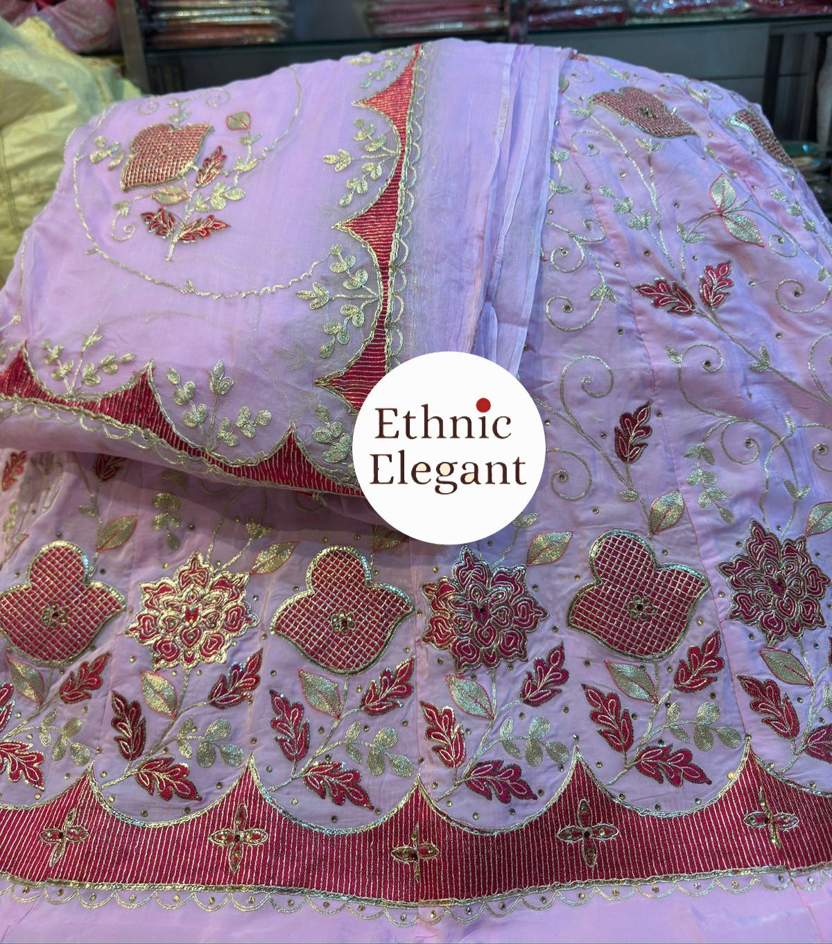 Natural Silk Rajputi Poshak with Pure Odhna | Heavy Patch Work Handcrafted Outfit