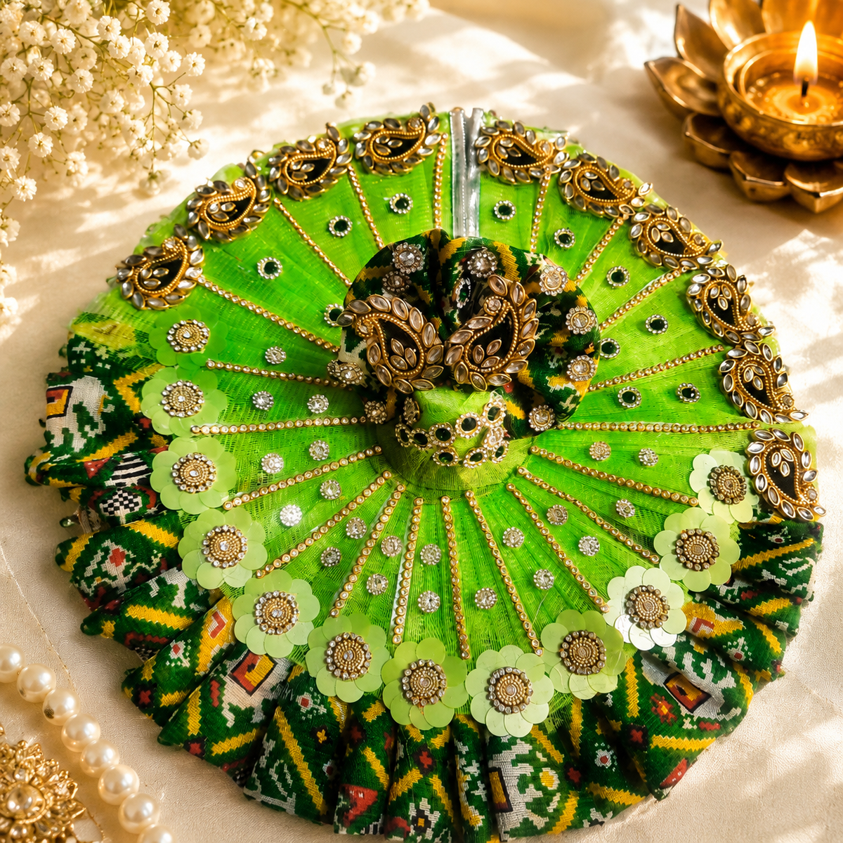 Tyohar pecial al handcrafted peacock 🦚 green heavy patola designer ladoo Gopalji Poshak with pagri 🌹