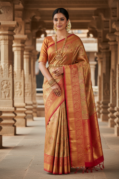 Semi Kanchipuram Tissue Silk Saree with Golden Work & Big Border | Elegant Wedding & Festive Wear Saree
