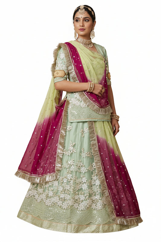 Elegant Rajasthani Poshak Partywear | Royal Net Lehenga with Odhani & Gota Work
