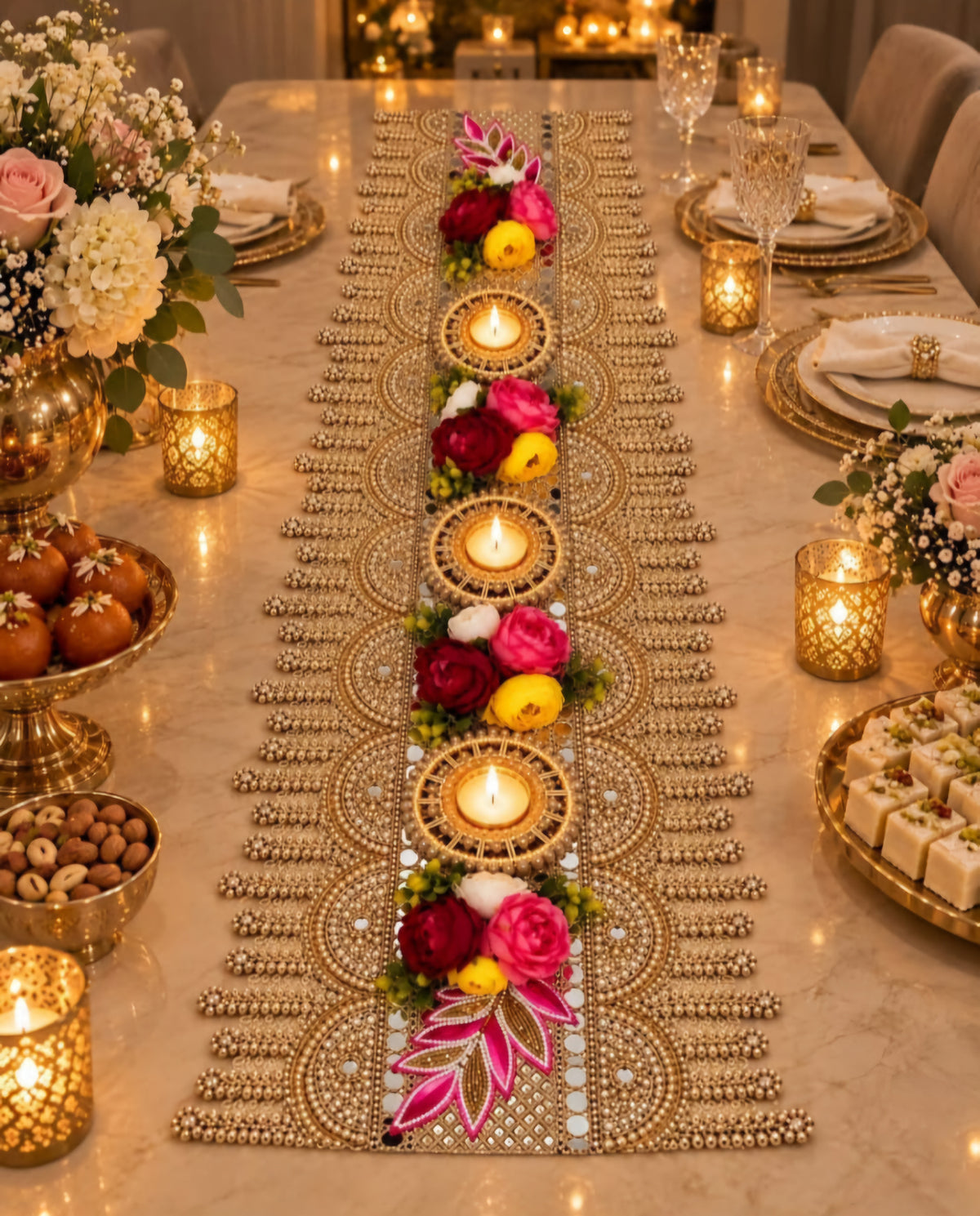 Beautiful handcrafted Table Runner size 40*inch with 3 candle Holder  code: PCK