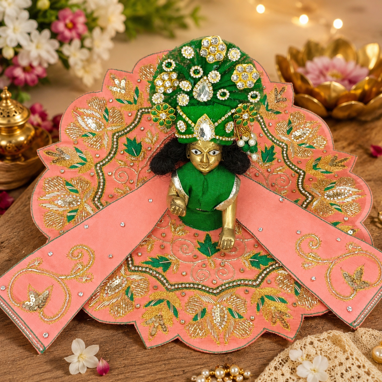 Handcrafted Pink Laddu Gopal Poshak with Pagri Mukut for Janmashtami