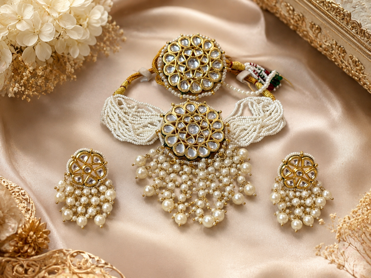 Meenakari Choker Set with Earrings & Big Borla – Traditional Bridal Jewellery for Wedding & Festive Wear
