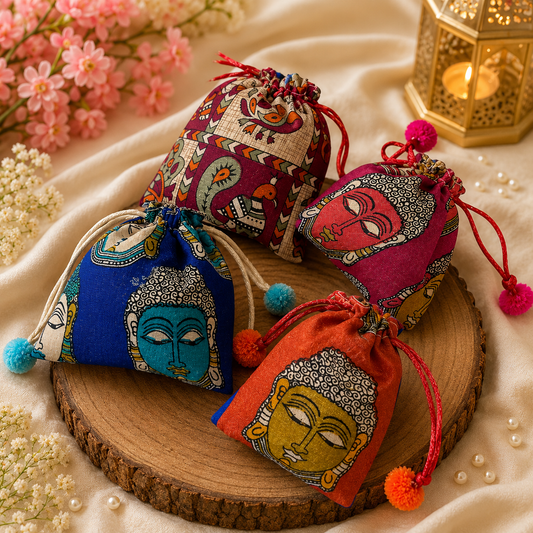 Kalamkari Small Potli Bags                   (Pack of 3 size:   5x5 inch) – Return Gift Pouches for Haldi Kumkum, Wedding & Festive Gifting