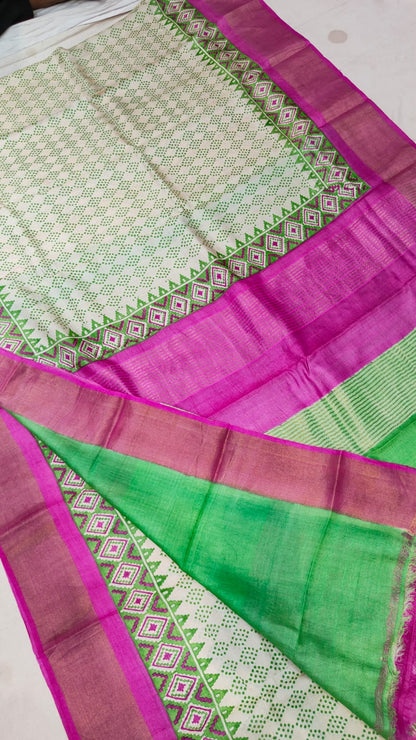 Handprinted Tussar Silk Saree – Silk Mark Certified with Running Blouse