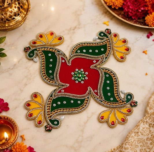 Handcrafted acrylic  with creative design kundan work with bright colors beautiful reusable rangoli set 💫 size 9.5 inch