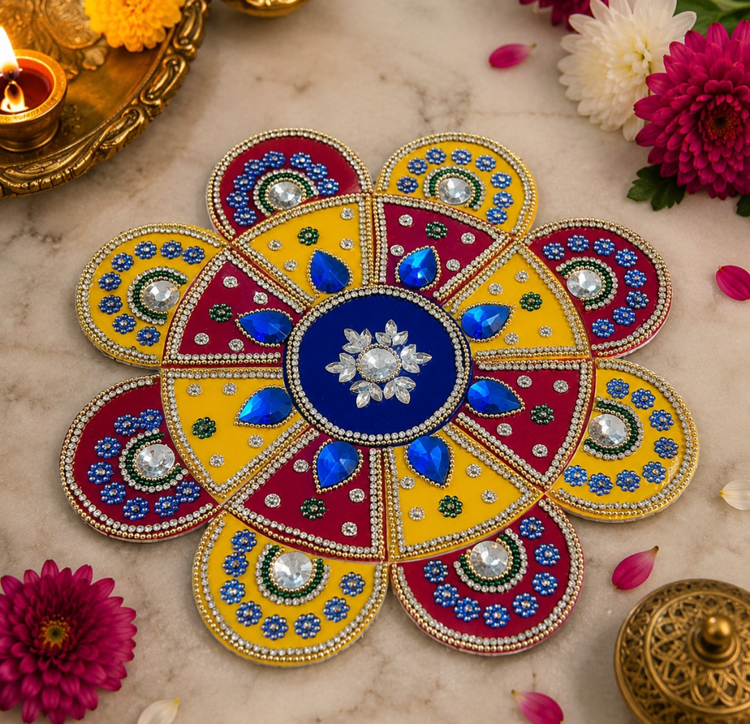 Handcrafted acrylic  with creative design kundan work with bright colors beautiful reusable rangoli set 💫 size 9* inch