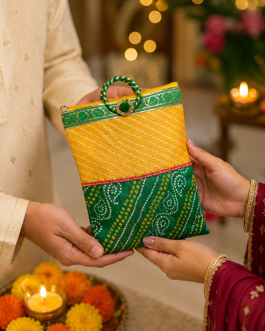 Jaipuri Bandhej Bag for Pooja/ mangal path/Haldi kumkum return Gifting bag (Pack of 1 Bag)  size H 32 * cm B 25* cm