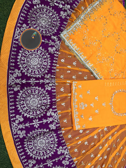 Georgette Fabric Royal pure Odhani Contrast Border Jari Sequence work Beautiful Rajputi poshak