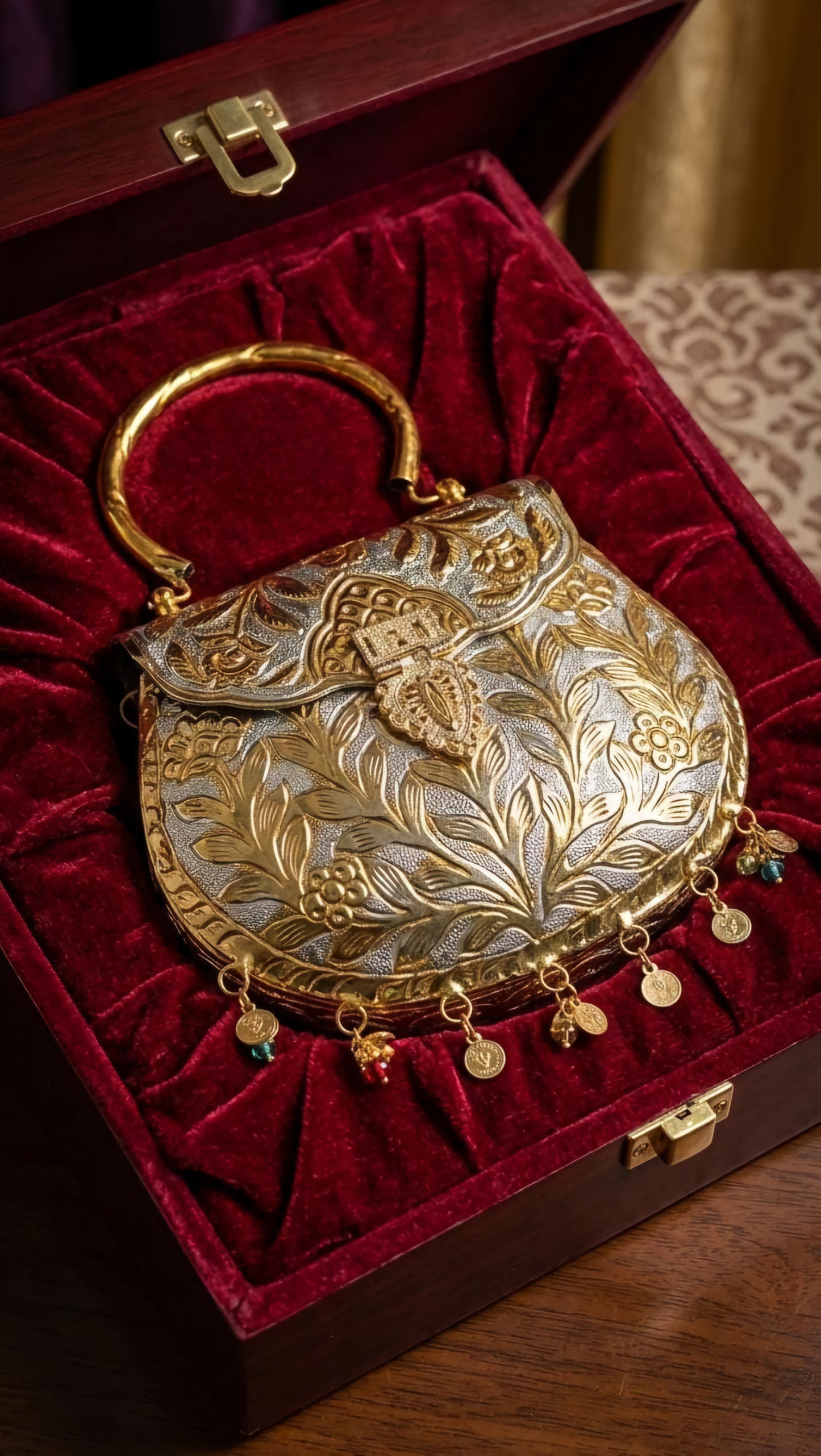 Dual-Tone Heritage Brass Clutch with Hanging Charms | Antique Silver & Gold Ethnic Handbag