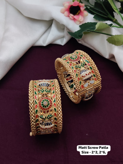 Rajwari Jadau Style Patla Bangle – Heritage Gold Plated Kada pair
