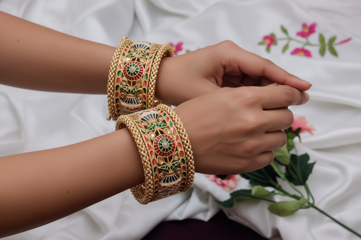 Rajwari Jadau Style Patla Bangle – Heritage Gold Plated Kada pair