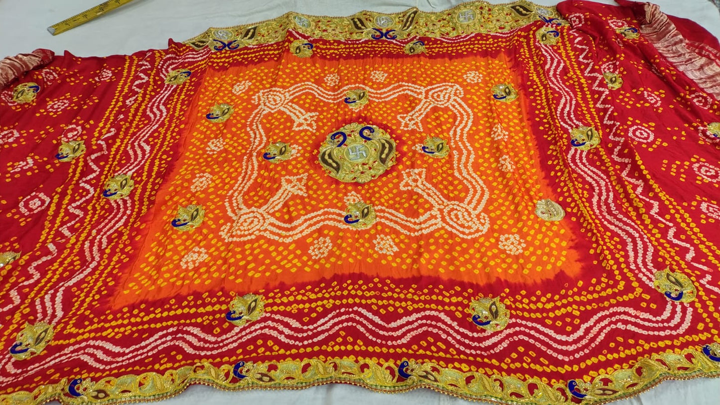Traditional Pure Gajji Silk Kolkata Handmade Pilla Chunri with Bandhani & Zardosi Work