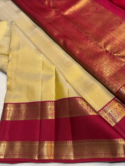 Off-White & Red Golden Work Kanchipuram Pure Silk Saree – Silk Mark Certified