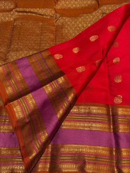 Red Kanchipuram Pure Silk Saree with Purple & Golden Border – Silk Mark Certified