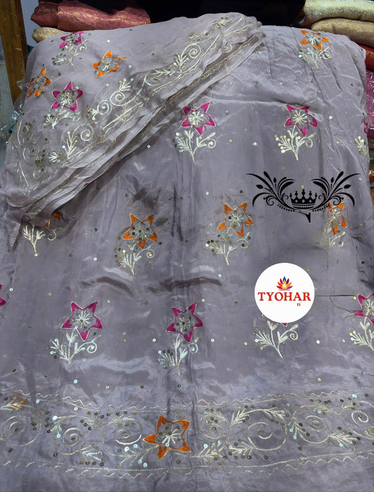 Aari Jari With Resham Outing Sequence Silver zari pyor odhna Handwork Boutique Poshak  CODE SJ