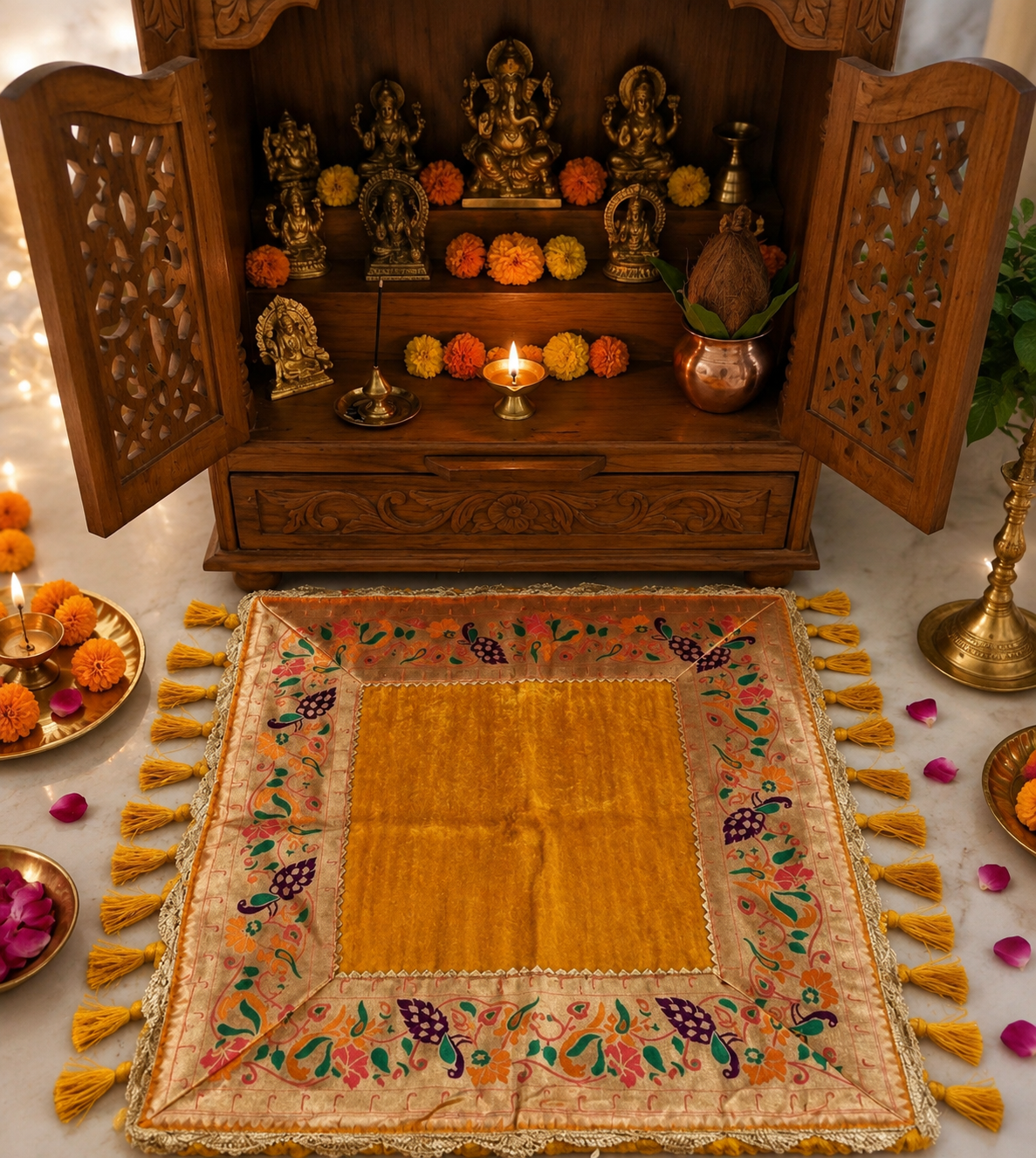 Handcrafted Traditional Puja Aasan | Premium Prayer Mat |Decorative Puja Chowki Aasan | Handmade Prayer Mat