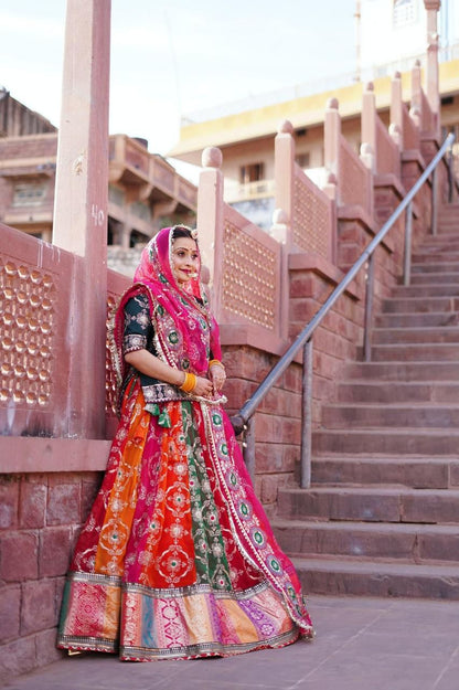 Designer Multicolour Rajwadi Lehenga Poshak – 4 MTR Gher with Pure Odhni & Heavy Border Work