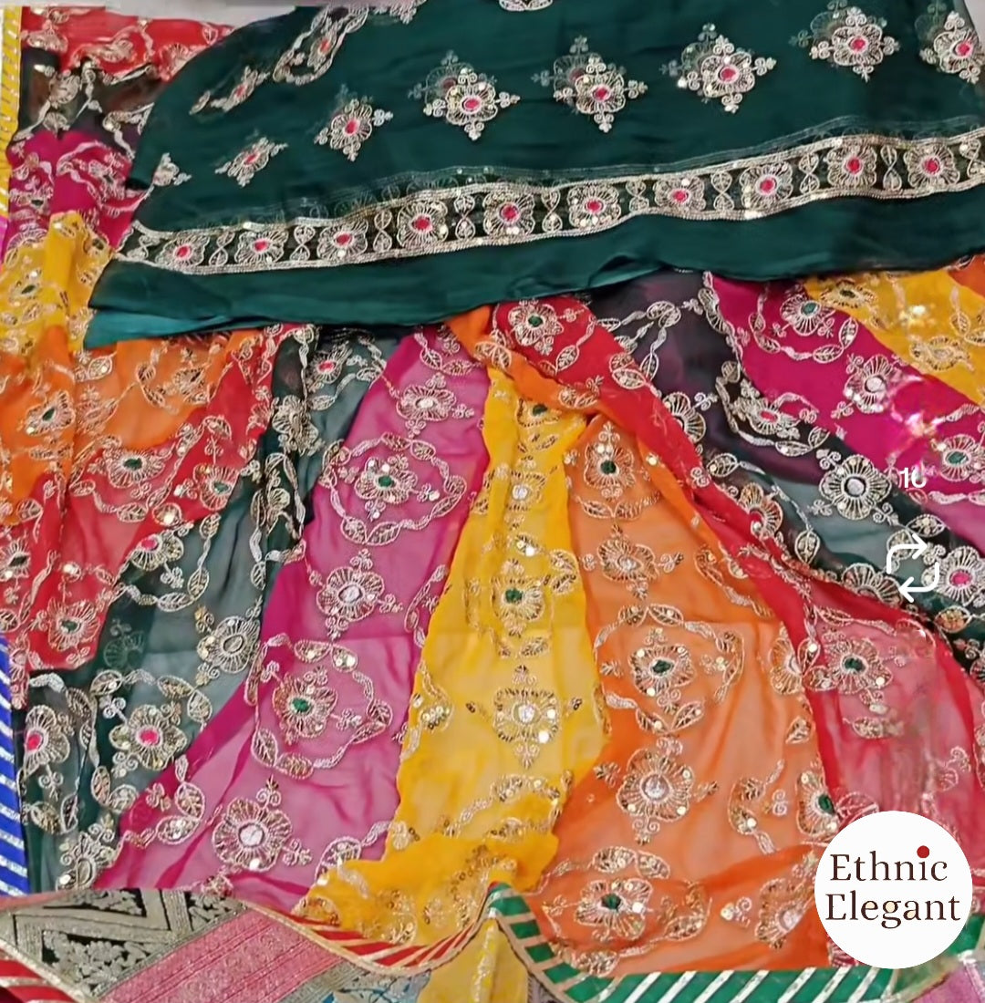 Designer Multicolour Rajwadi Lehenga Poshak – 4 MTR Gher with Pure Odhni & Heavy Border Work