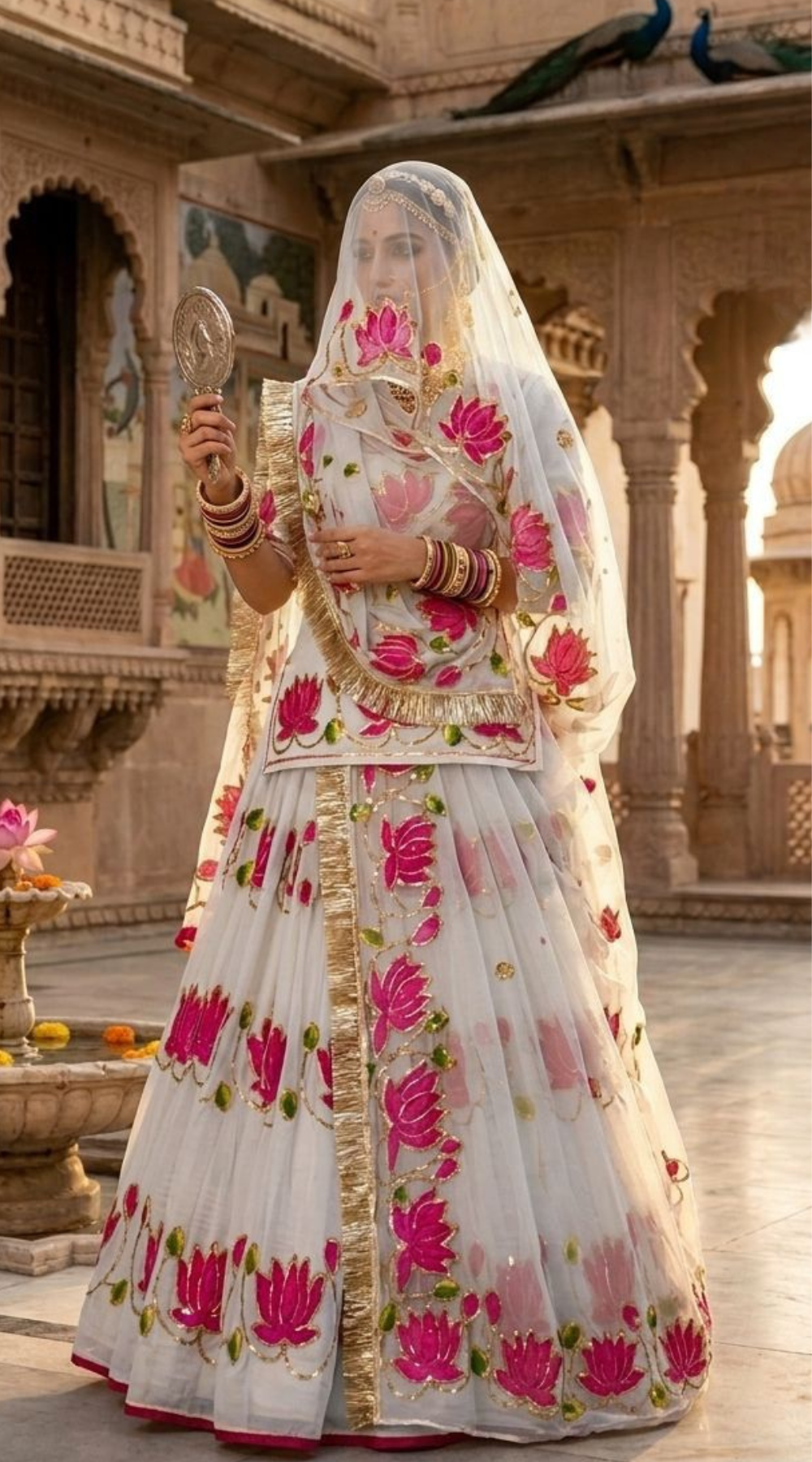 Rajputana Style Lotus Poshak | Natural Silk Handwork Designer Lehenga with Heavy Odhna