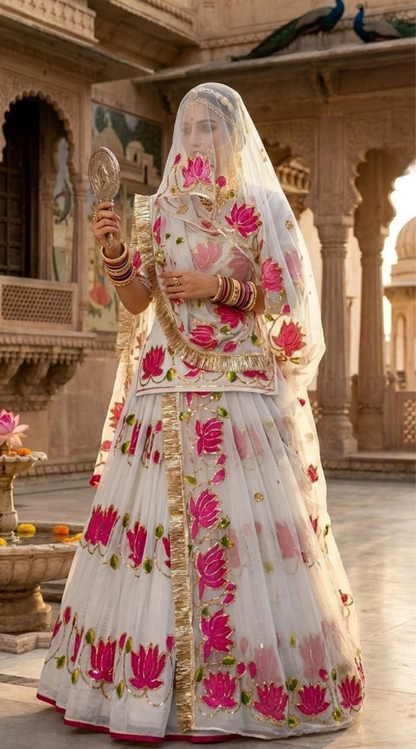 Rajputana Style Lotus Poshak | Natural Silk Handwork Designer Lehenga with Heavy Odhna