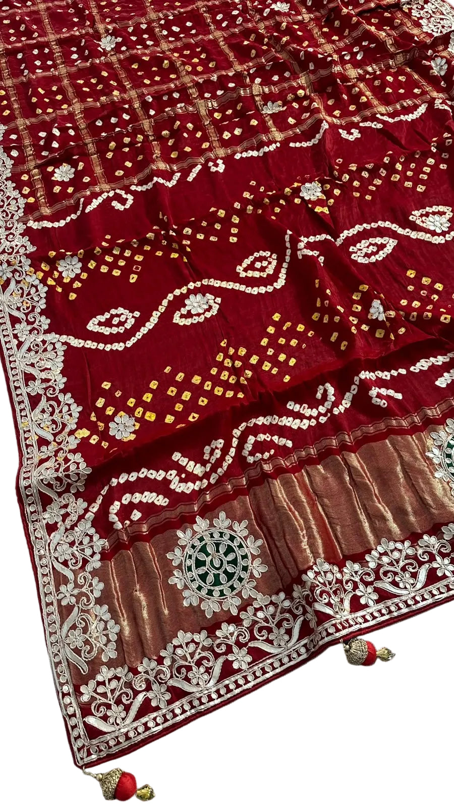 Pure Modal Gajji silk Gotta Patti Zari work Traditional Red & Maroon     Ghatchola saree