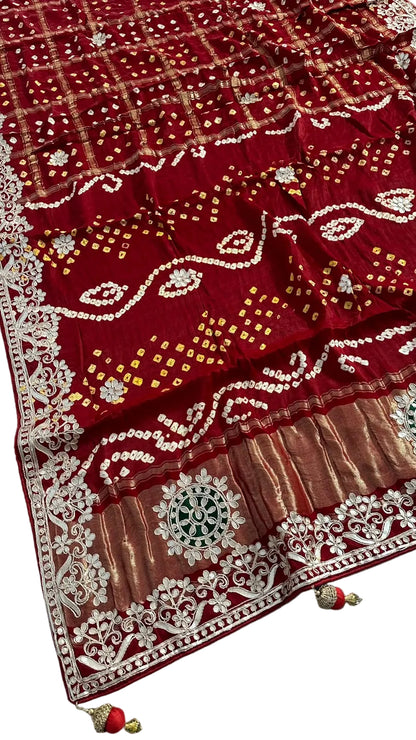 Pure Modal Gajji silk Gotta Patti Zari work Traditional Red & Maroon     Ghatchola saree