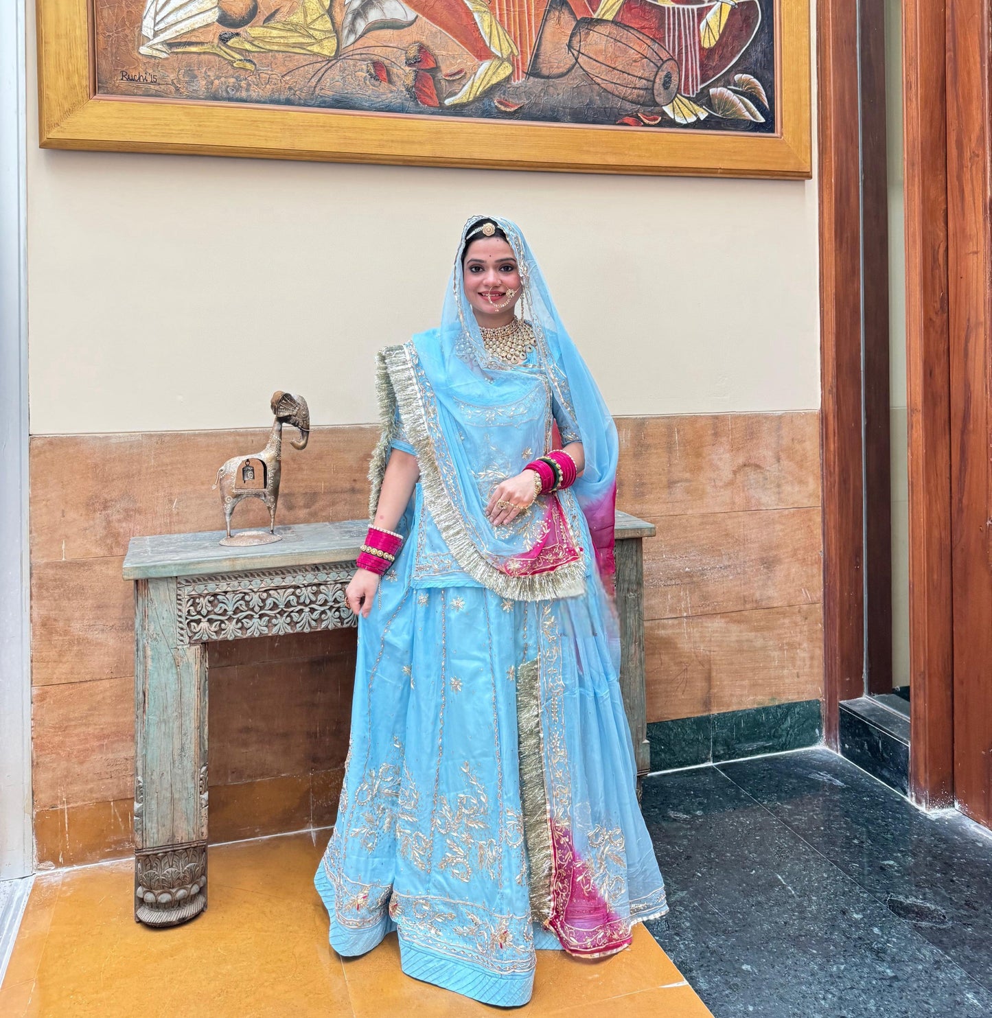 Sky Neel Natural Fabric Zardozi & Dabka Handwork Rajasthani Designer Poshak