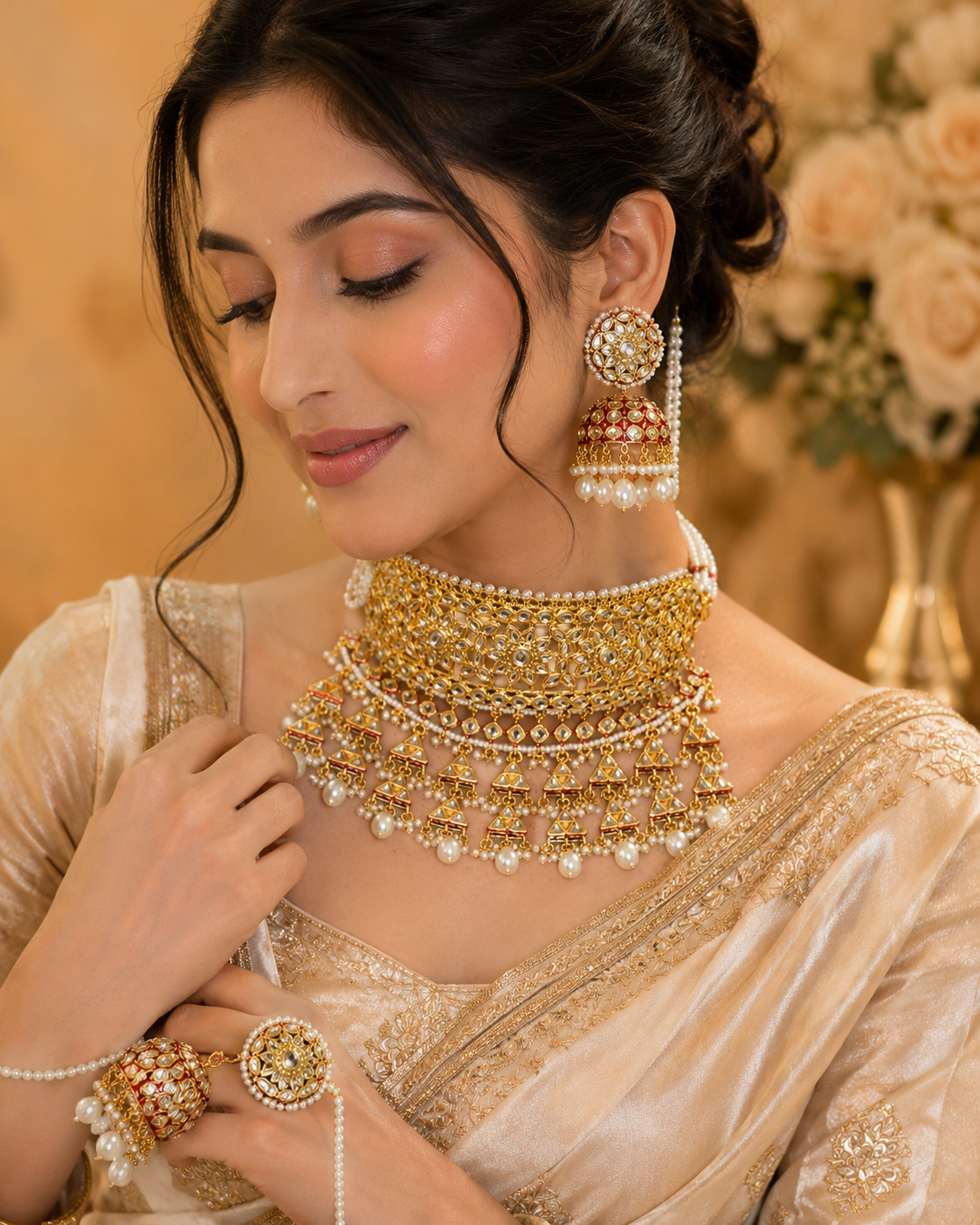 Heavy Kundan Choker Necklace Set with Pearl Jhumka Earrings – Rajwadi Bridal Jewelry
