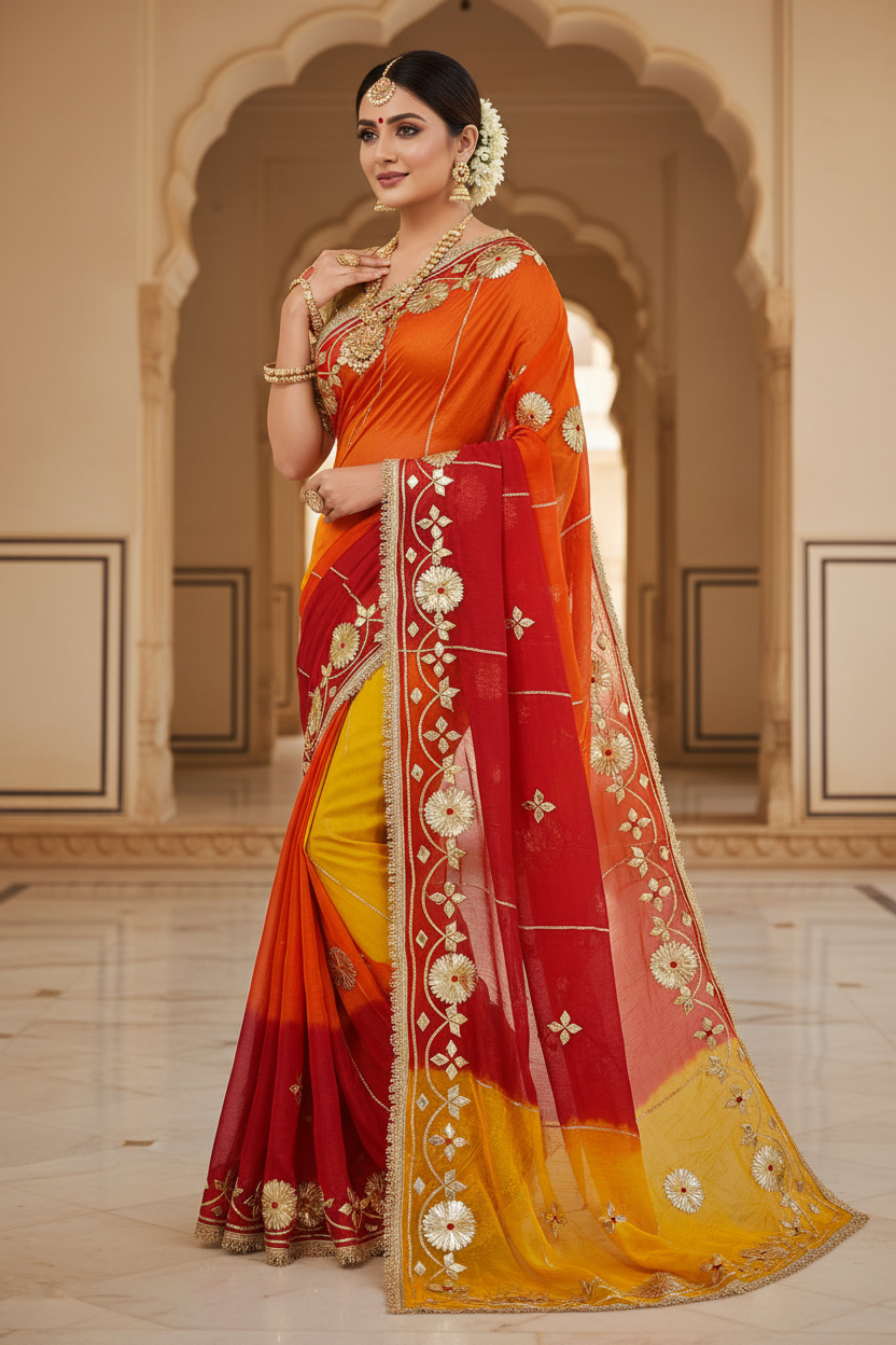 Pure Najmeen Chiffon Saree with Floral Gota Patti Work – Heavy Fancy Designer Saree