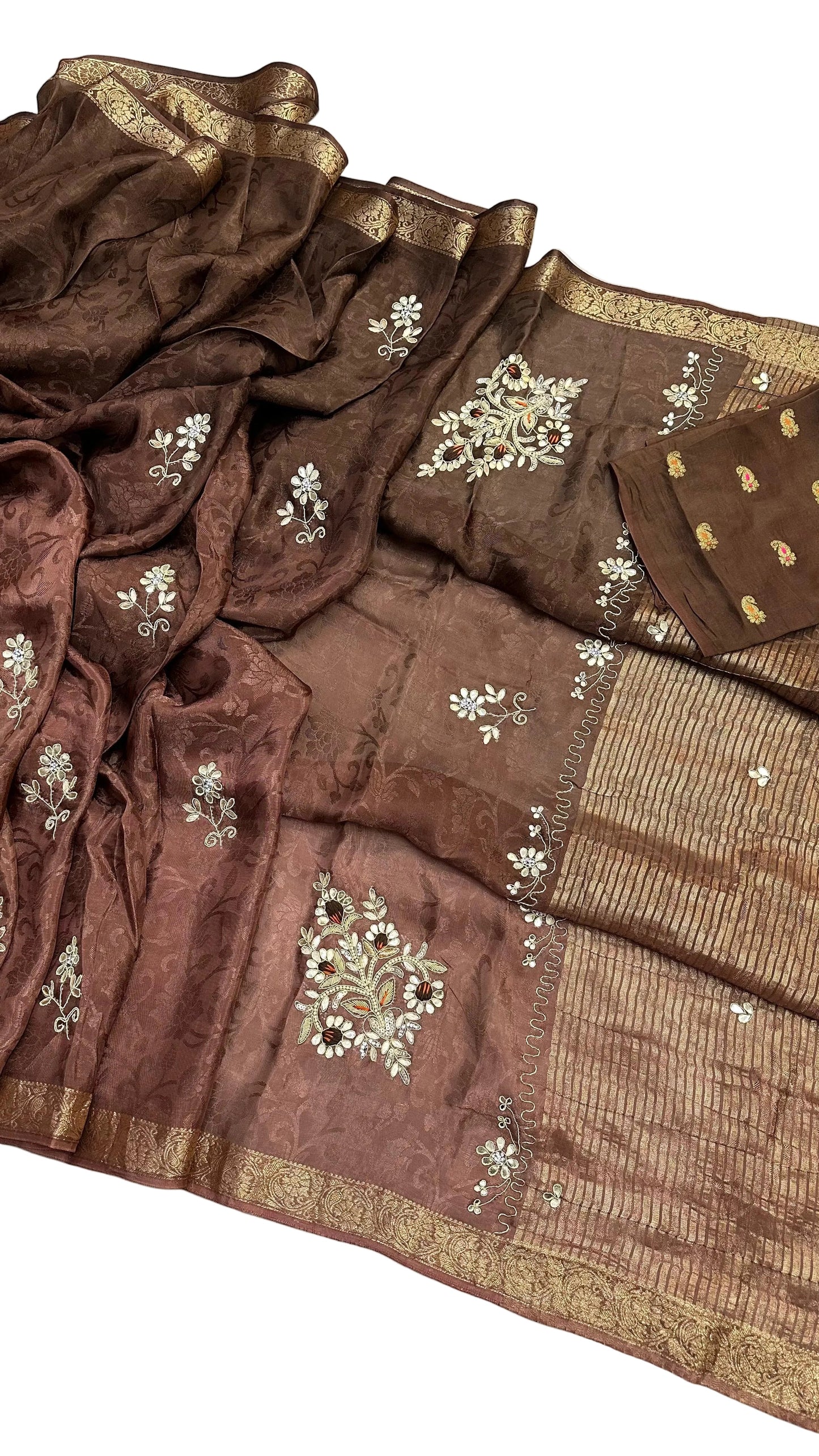 Pure Chinon Jacquard Saree with Zari Hand Work | Fancy Designer Festive Saree for Women