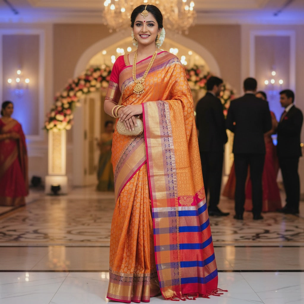 Handloom Kanchipuram Silk Bridal Saree – Silk Mark Certified, Grand Zari Pallu