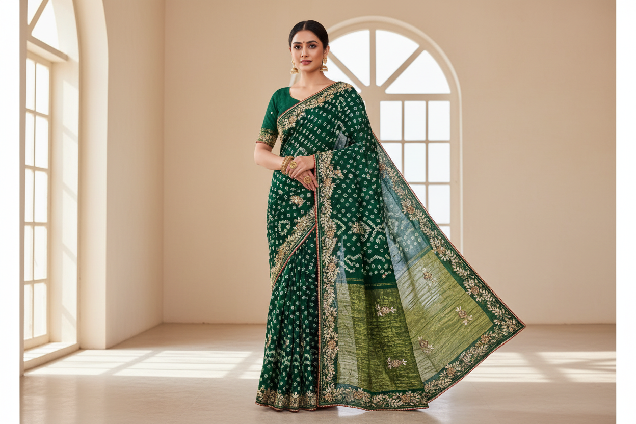 Pure Modal Gajji Silk Jaipuri Bandhej Saree – Boutique Handwork Designer Saree