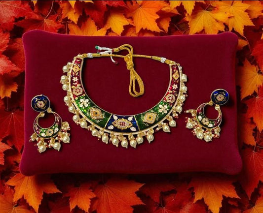 American Diamond (A.D.) Meenakari Hasli Necklace Set with Earrings | Premium Festive & Wedding Jewellery