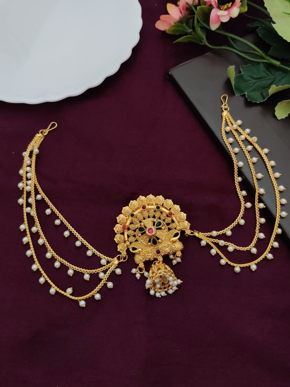 Antique Gold Hair Brooch with Chain – Bridal Juda Pin 3 Layer Hair Accessory for Wedding & Festive Wear